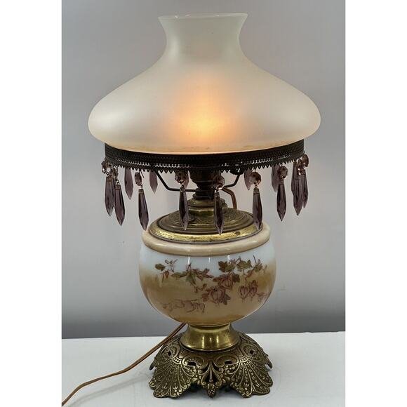 Antique 19" GWTW Hurricane Converted Brass Oil Lamp W/Prisms Porcelain Glass - Picture 14 of 16